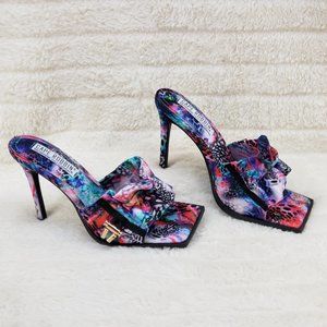 iliana Slip On Sqaure Open Toe High Heel Clogs Mules Slides Multi Color Print